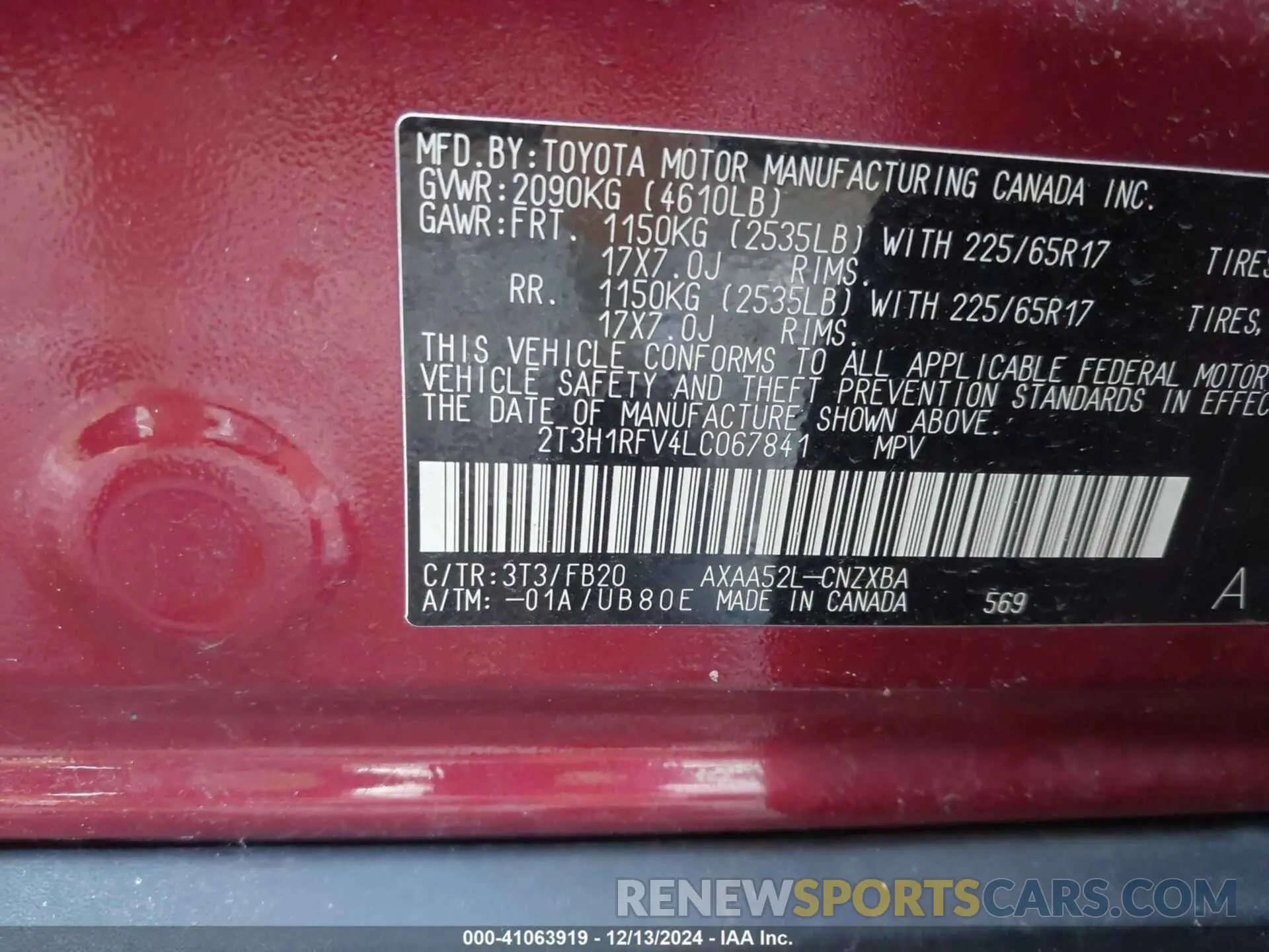 9 fotografías del automóvil dañado 2T3H1RFV4LC067841 TOYOTA RAV4 2020