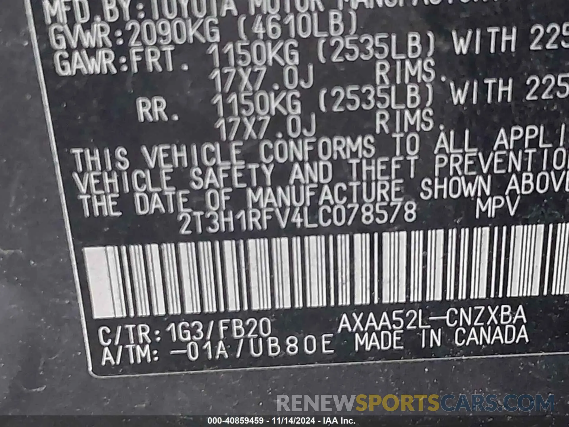 9 fotografías del automóvil dañado 2T3H1RFV4LC078578 TOYOTA RAV4 2020