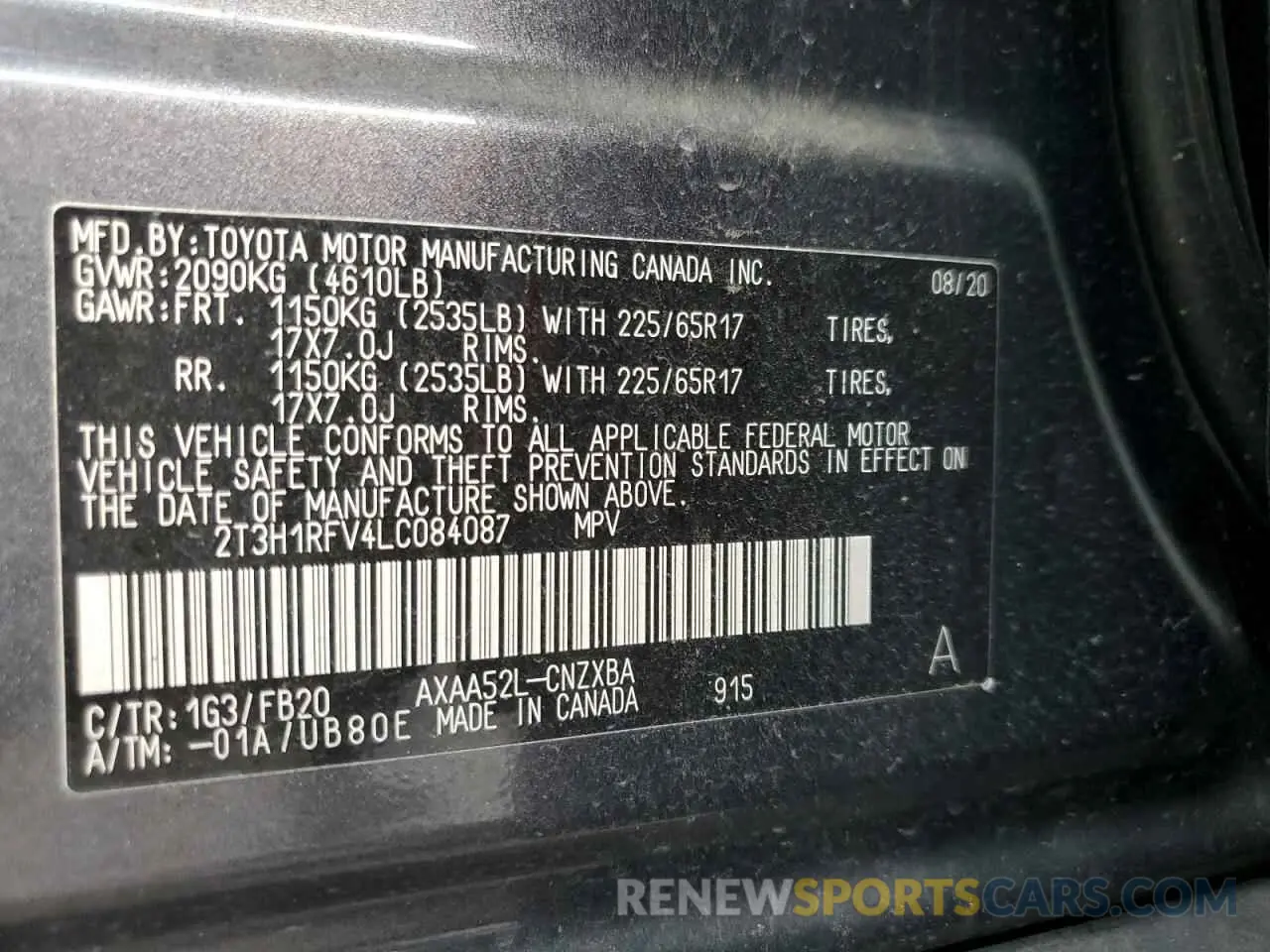 10 fotografías del automóvil dañado 2T3H1RFV4LC084087 TOYOTA RAV4 2020