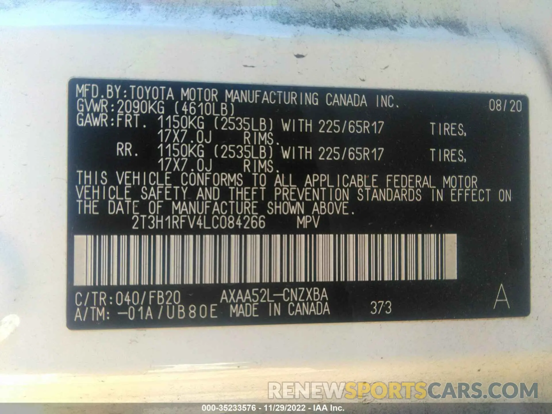 9 fotografías del automóvil dañado 2T3H1RFV4LC084266 TOYOTA RAV4 2020