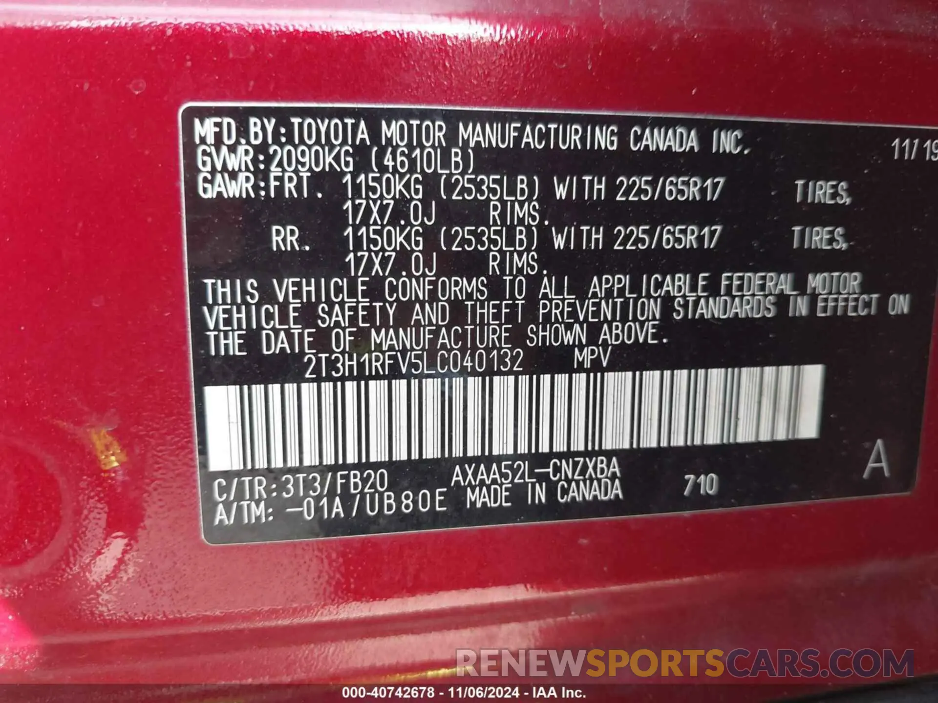 9 fotografías del automóvil dañado 2T3H1RFV5LC040132 TOYOTA RAV4 2020