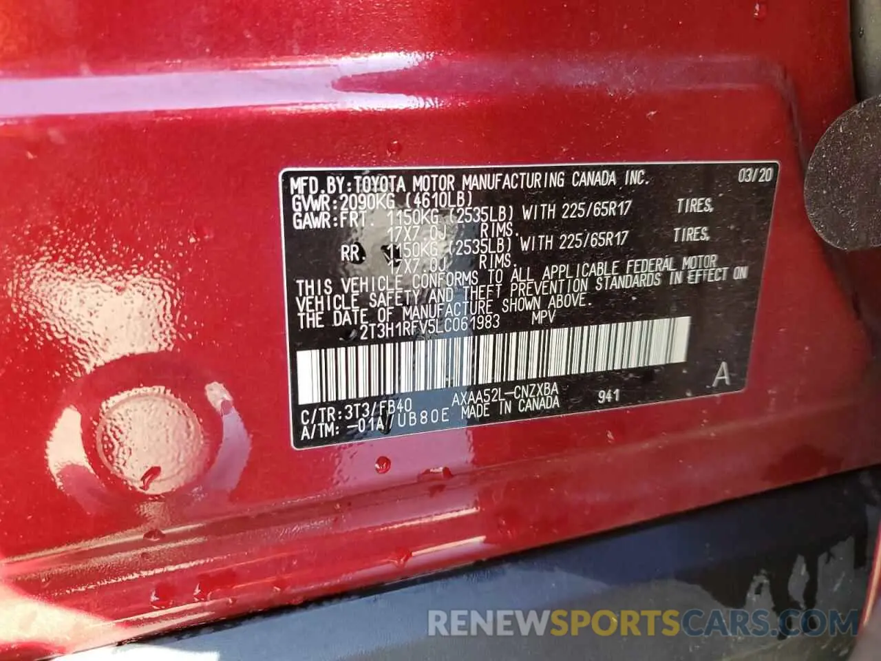 14 fotografías del automóvil dañado 2T3H1RFV5LC061983 TOYOTA RAV4 2020