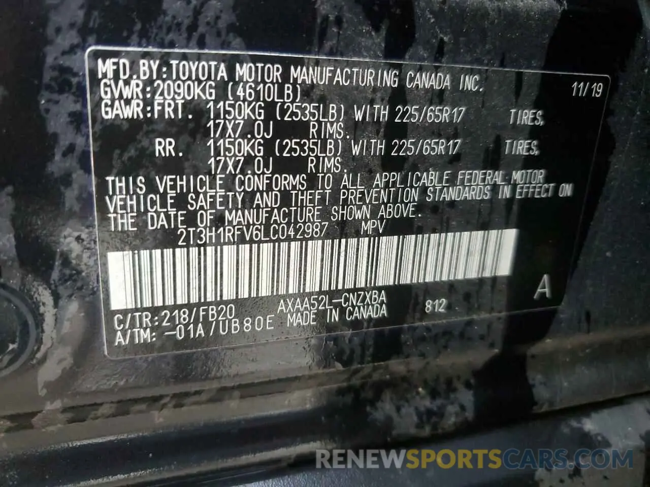 14 fotografías del automóvil dañado 2T3H1RFV6LC042987 TOYOTA RAV4 2020