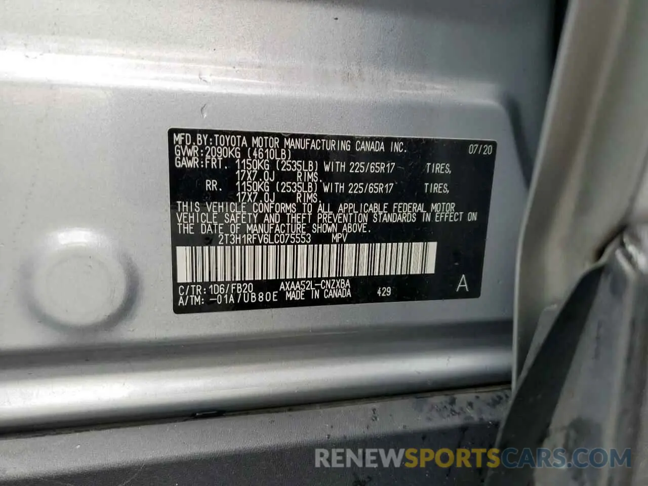 10 fotografías del automóvil dañado 2T3H1RFV6LC075553 TOYOTA RAV4 2020