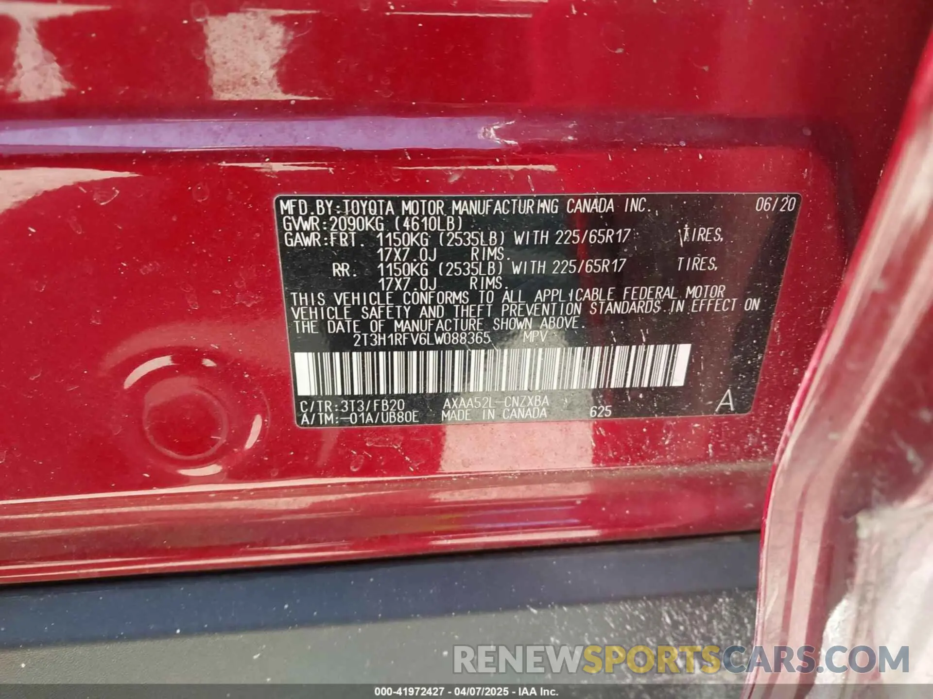 9 fotografías del automóvil dañado 2T3H1RFV6LW088365 TOYOTA RAV4 2020