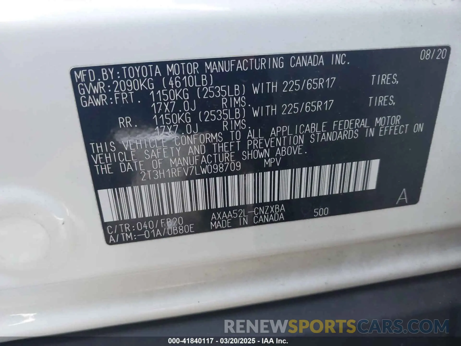 9 fotografías del automóvil dañado 2T3H1RFV7LW098709 TOYOTA RAV4 2020