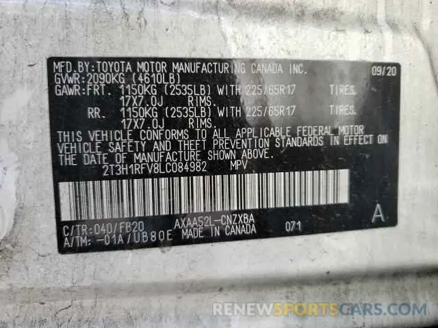 10 fotografías del automóvil dañado 2T3H1RFV8LC084982 TOYOTA RAV4 2020