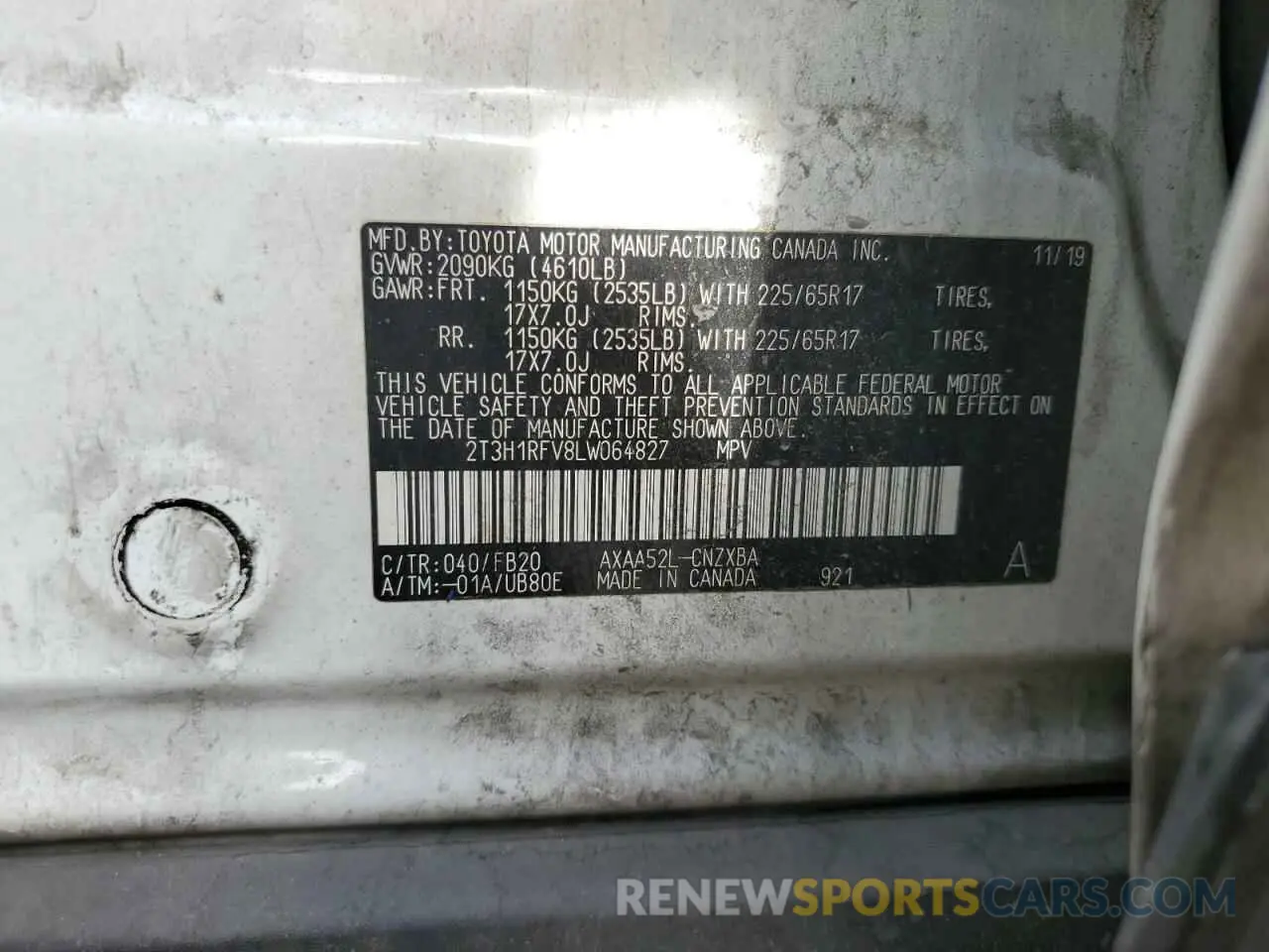 13 fotografías del automóvil dañado 2T3H1RFV8LW064827 TOYOTA RAV4 2020