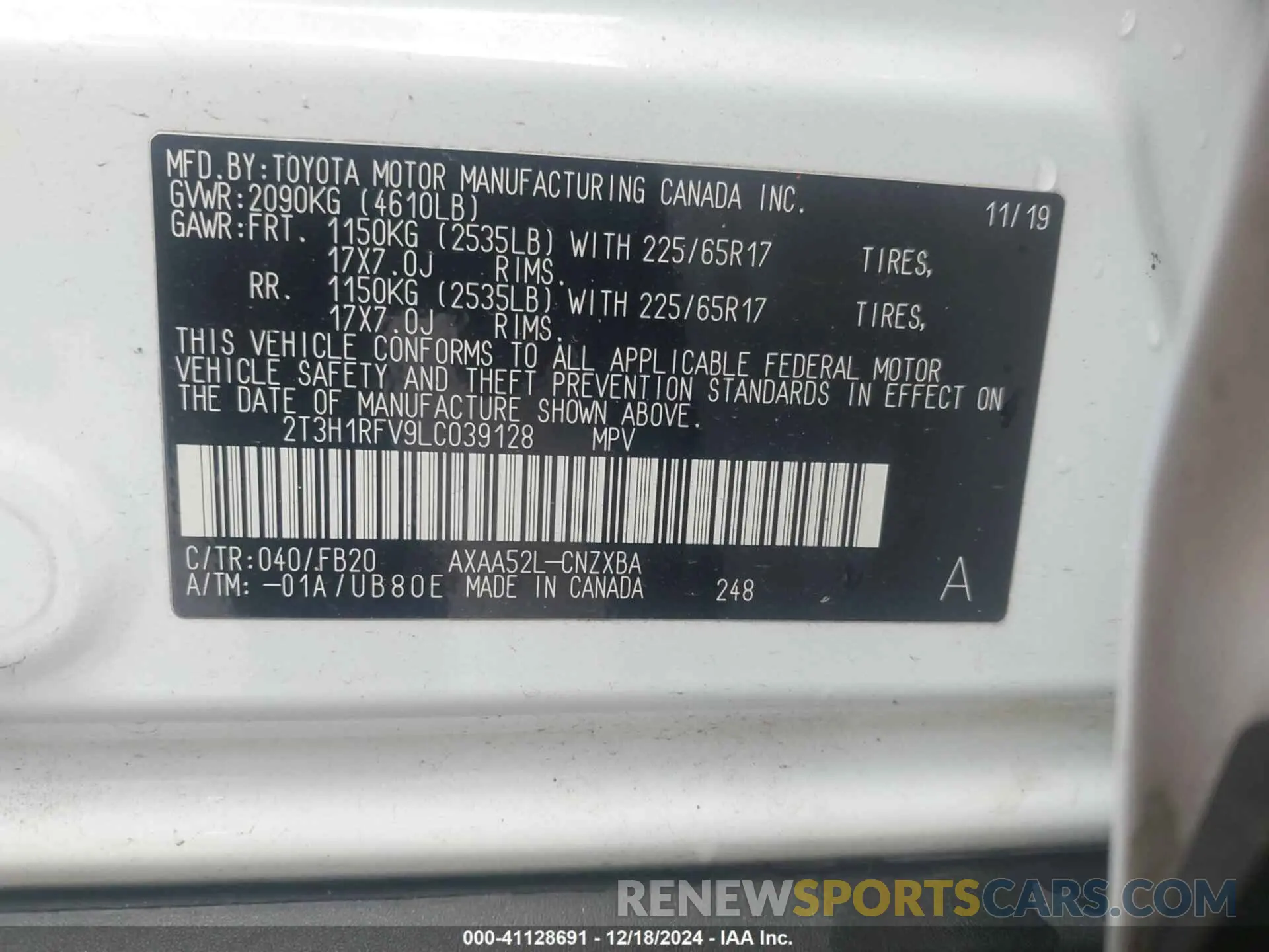 9 fotografías del automóvil dañado 2T3H1RFV9LC039128 TOYOTA RAV4 2020