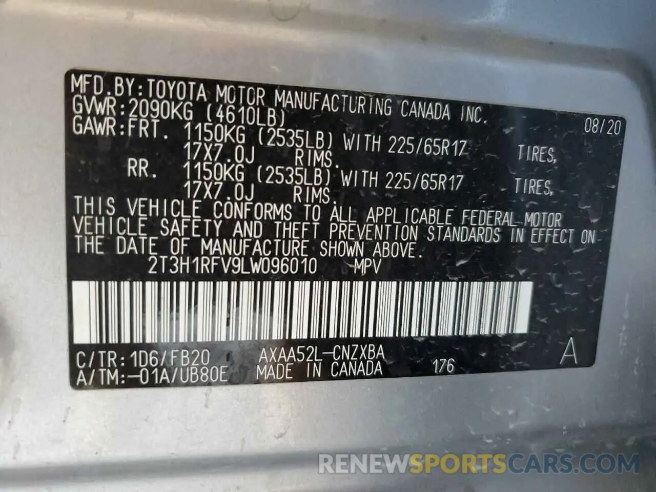 13 fotografías del automóvil dañado 2T3H1RFV9LW096010 TOYOTA RAV4 2020