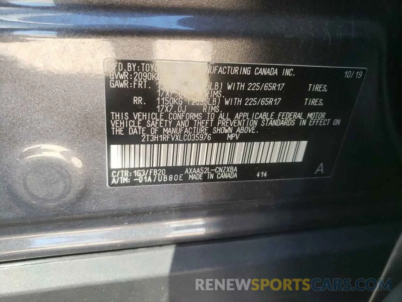 10 fotografías del automóvil dañado 2T3H1RFVXLC035976 TOYOTA RAV4 2020
