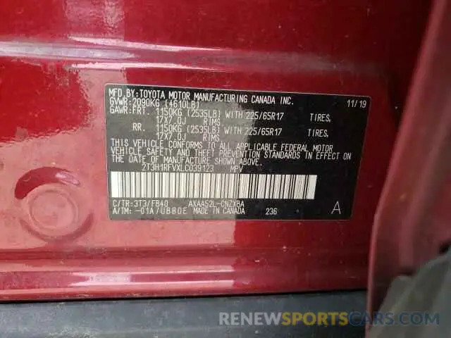 10 fotografías del automóvil dañado 2T3H1RFVXLC039123 TOYOTA RAV4 2020