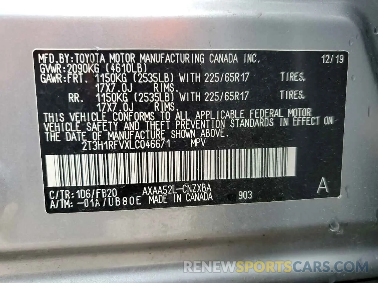 14 fotografías del automóvil dañado 2T3H1RFVXLC046671 TOYOTA RAV4 2020