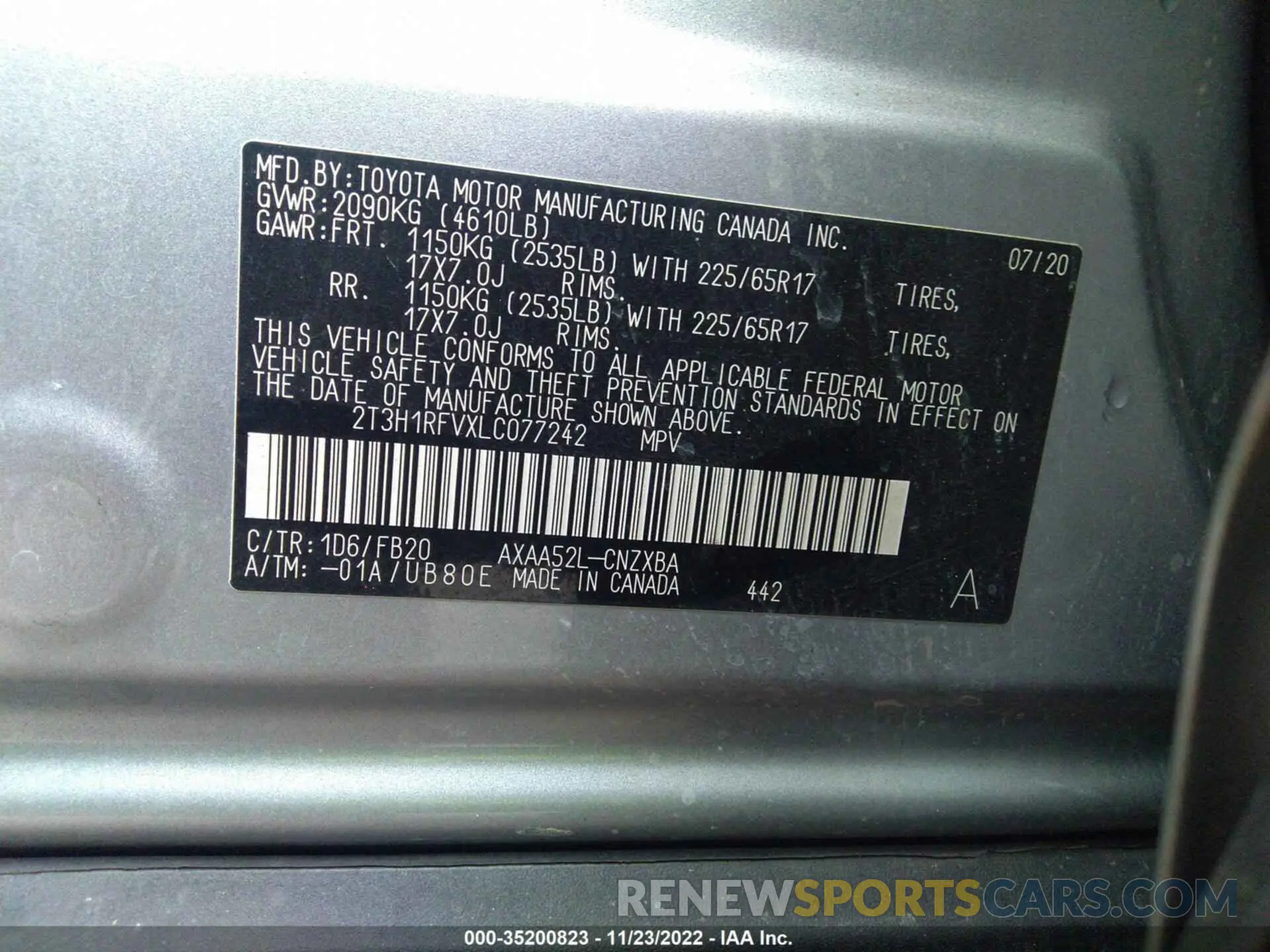 9 fotografías del automóvil dañado 2T3H1RFVXLC077242 TOYOTA RAV4 2020
