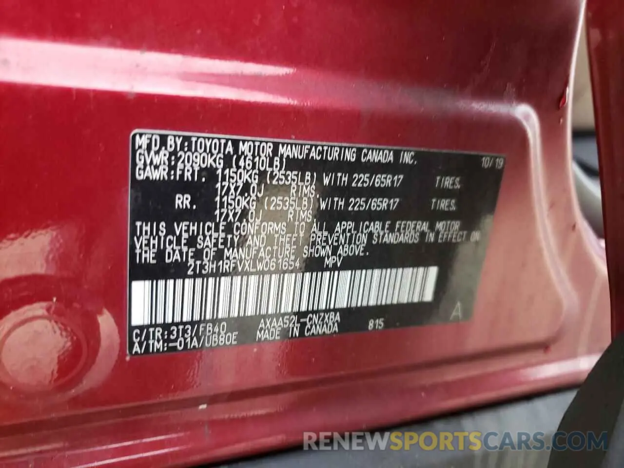 13 fotografías del automóvil dañado 2T3H1RFVXLW061654 TOYOTA RAV4 2020