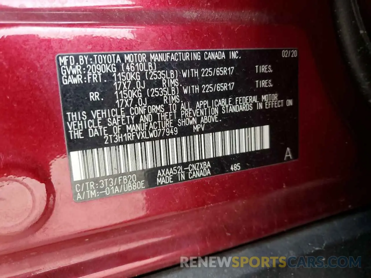 13 fotografías del automóvil dañado 2T3H1RFVXLW077949 TOYOTA RAV4 2020