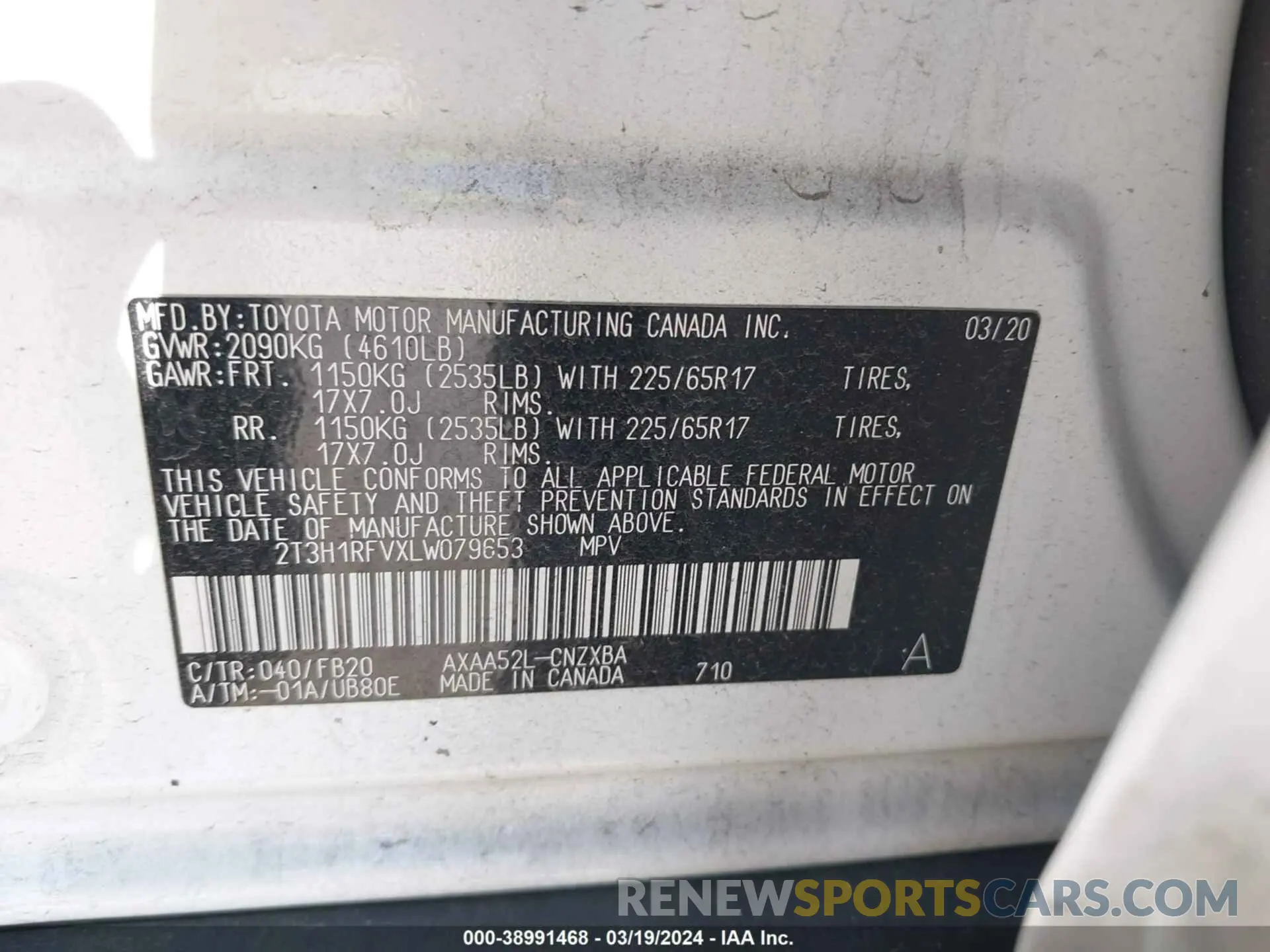 9 fotografías del automóvil dañado 2T3H1RFVXLW079653 TOYOTA RAV4 2020