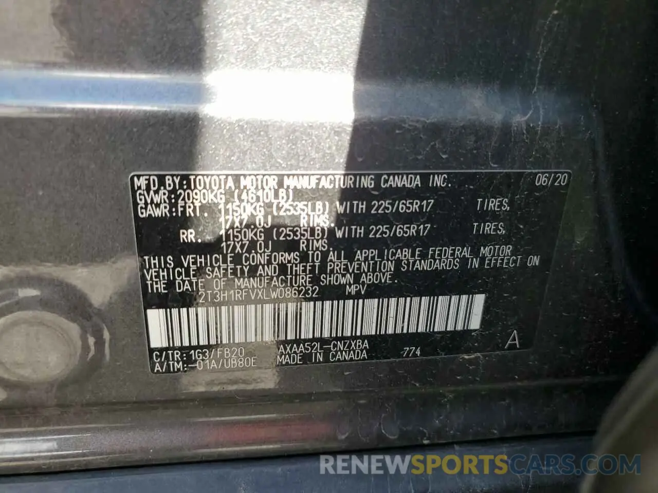 13 fotografías del automóvil dañado 2T3H1RFVXLW086232 TOYOTA RAV4 2020