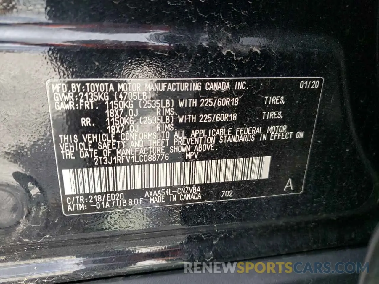10 fotografías del automóvil dañado 2T3J1RFV1LC088776 TOYOTA RAV4 2020