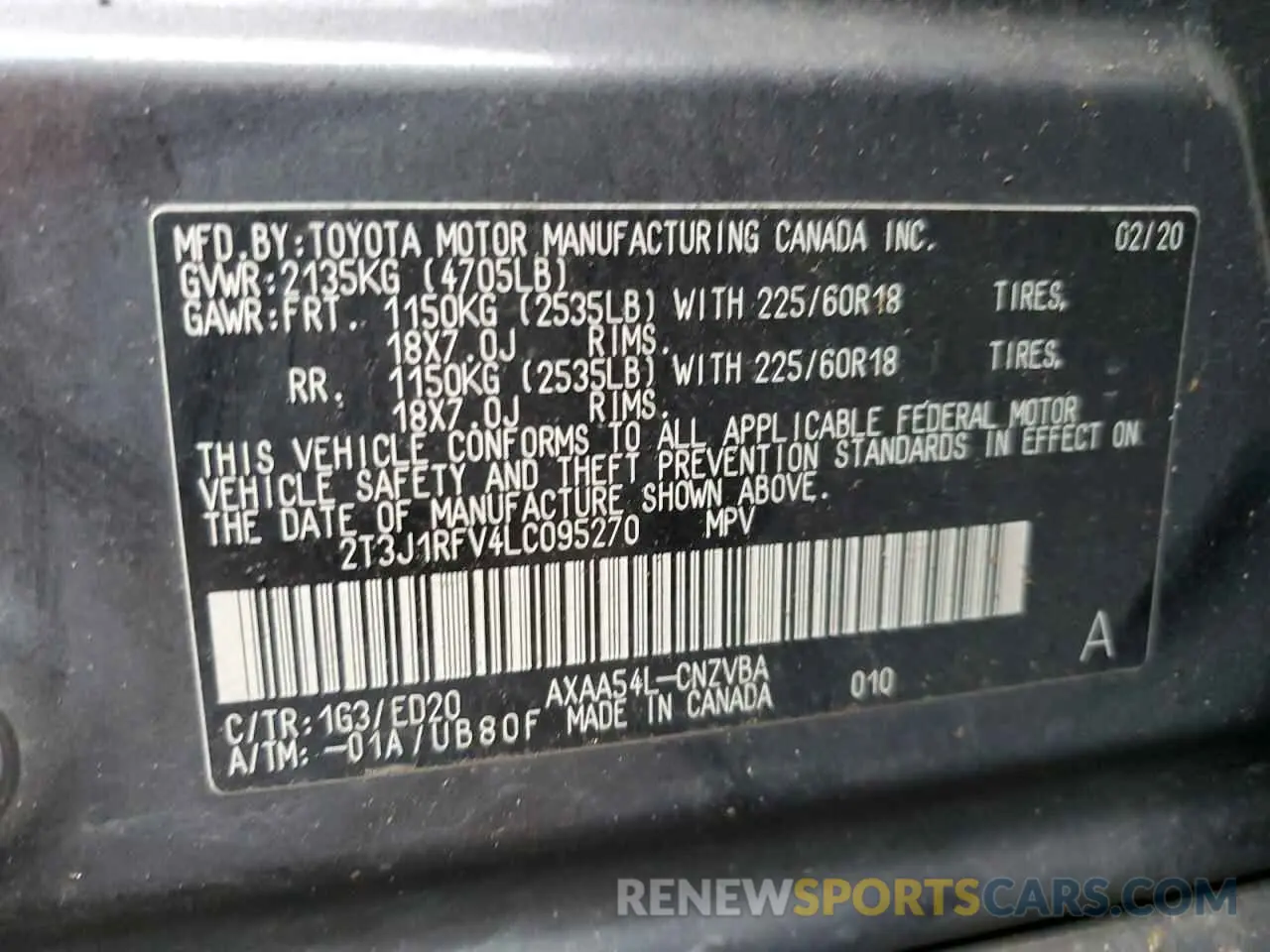 15 fotografías del automóvil dañado 2T3J1RFV4LC095270 TOYOTA RAV4 2020