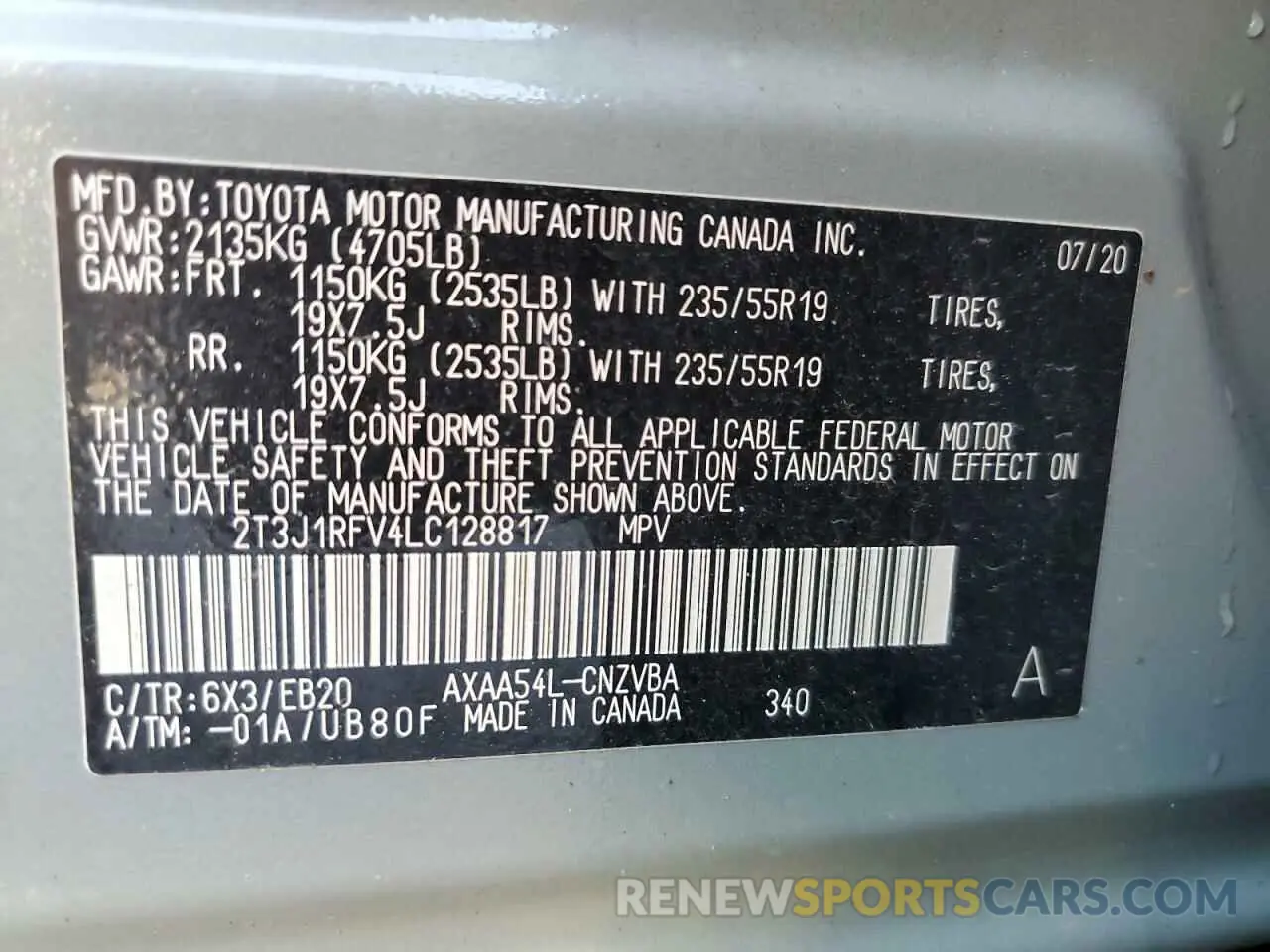 10 fotografías del automóvil dañado 2T3J1RFV4LC128817 TOYOTA RAV4 2020