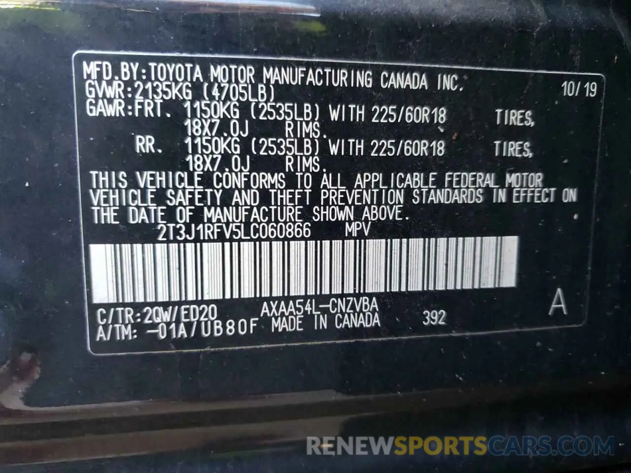10 fotografías del automóvil dañado 2T3J1RFV5LC060866 TOYOTA RAV4 2020