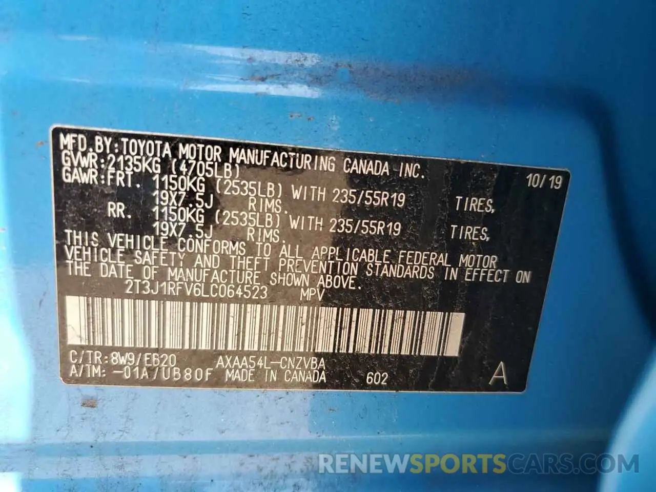 12 fotografías del automóvil dañado 2T3J1RFV6LC064523 TOYOTA RAV4 2020
