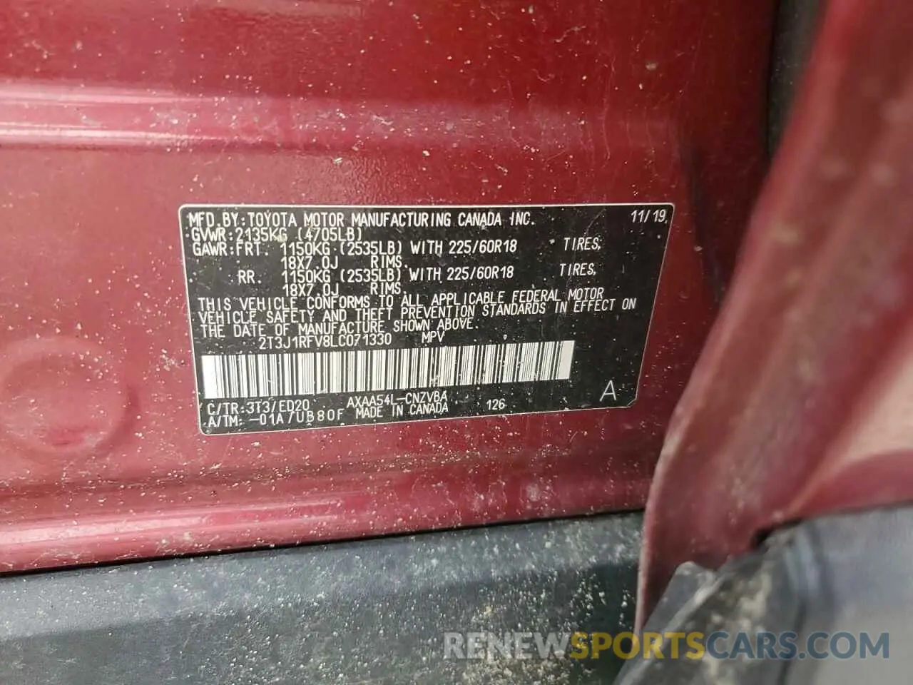 13 fotografías del automóvil dañado 2T3J1RFV8LC071330 TOYOTA RAV4 2020