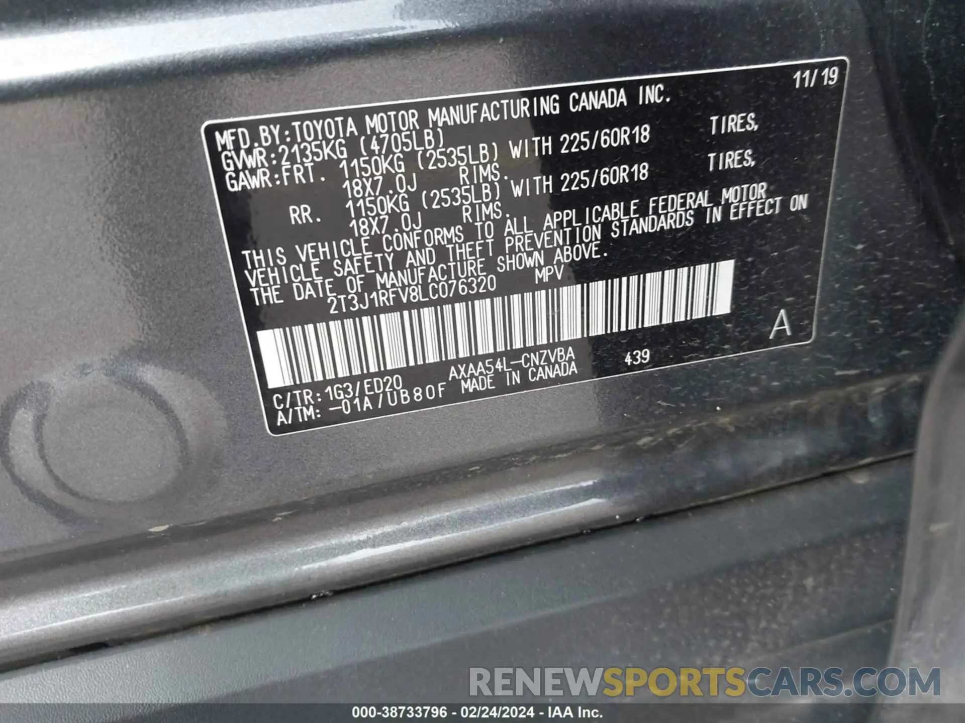 9 fotografías del automóvil dañado 2T3J1RFV8LC076320 TOYOTA RAV4 2020