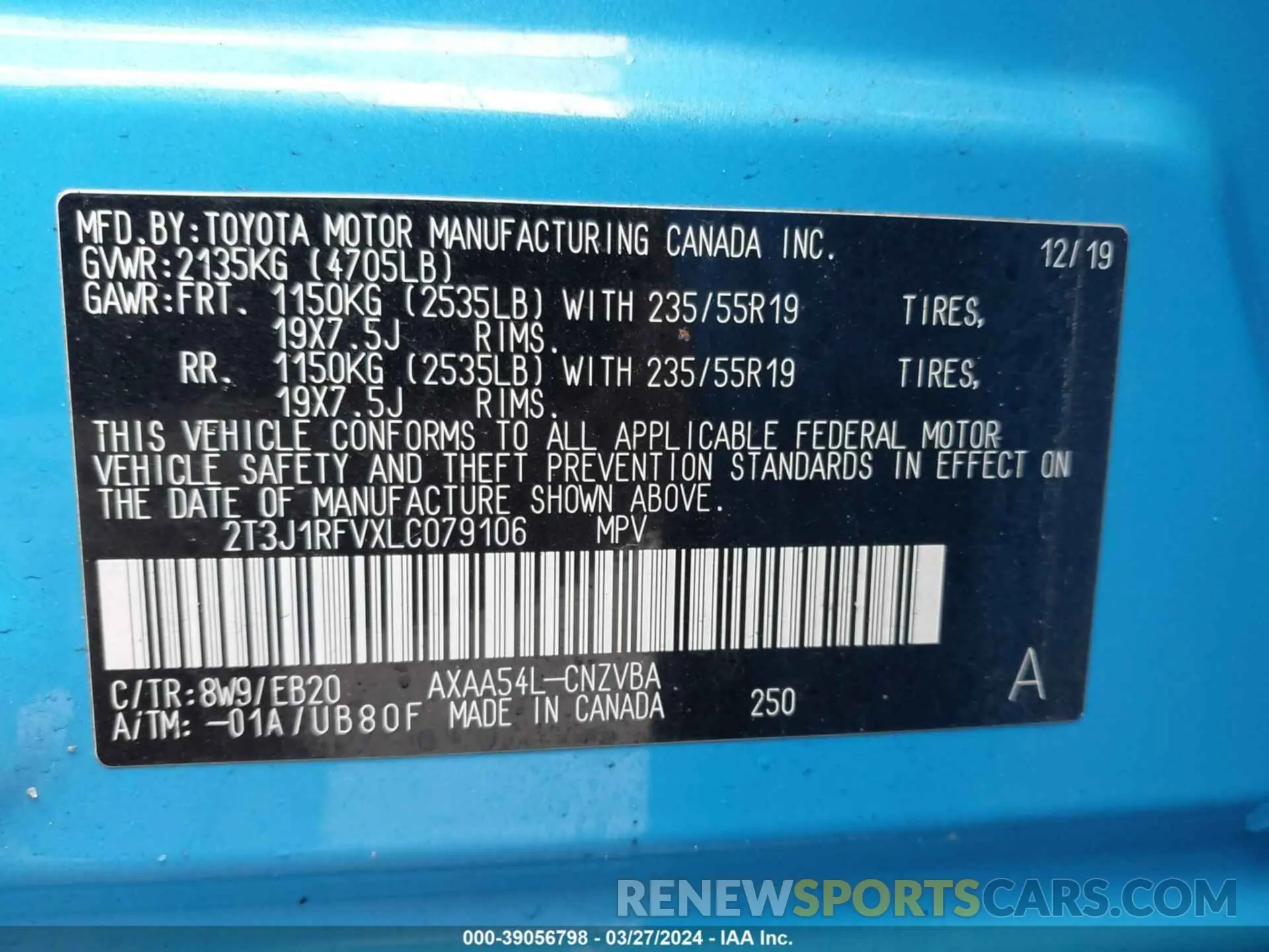 9 fotografías del automóvil dañado 2T3J1RFVXLC079106 TOYOTA RAV4 2020