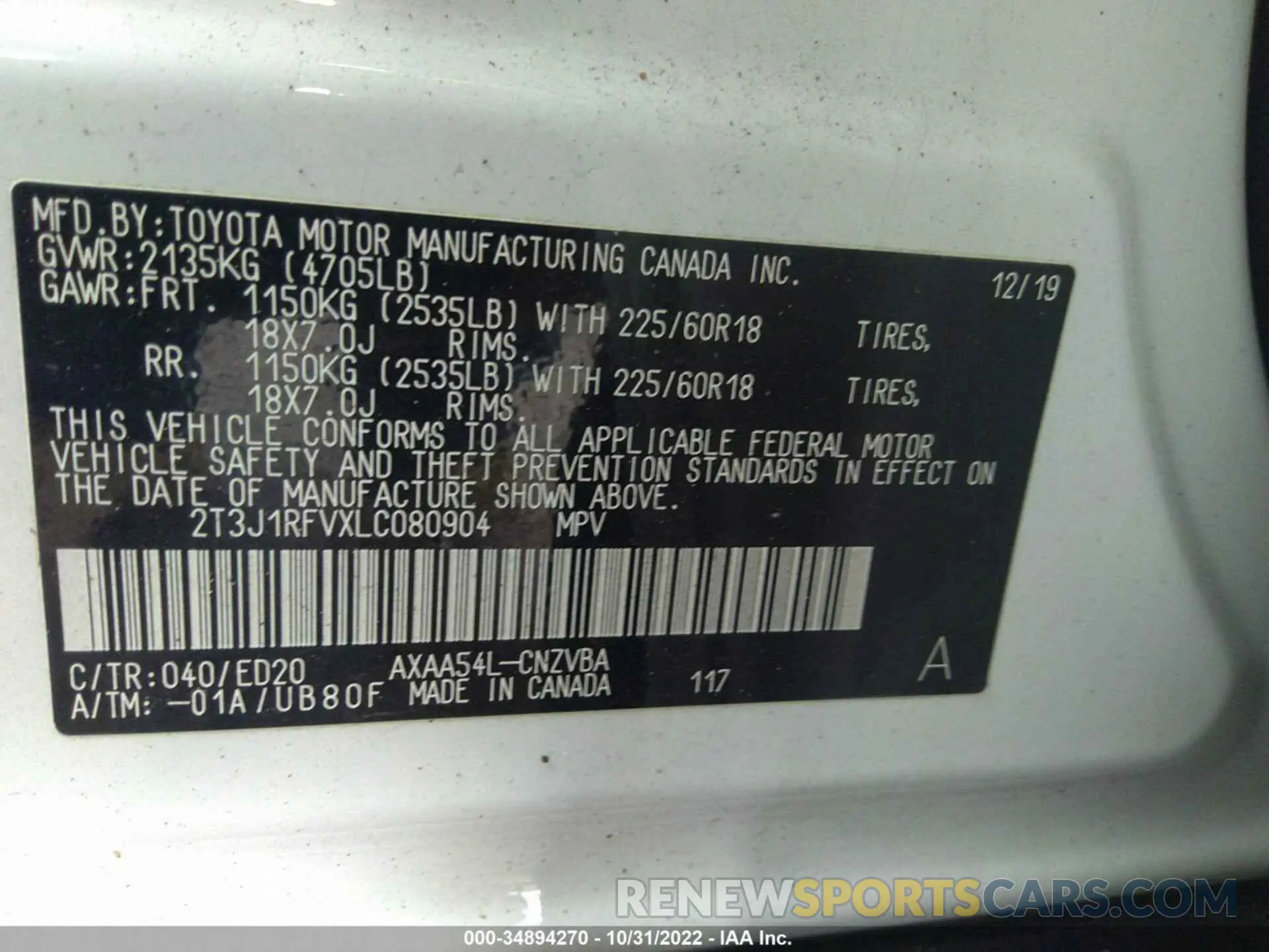 9 fotografías del automóvil dañado 2T3J1RFVXLC080904 TOYOTA RAV4 2020
