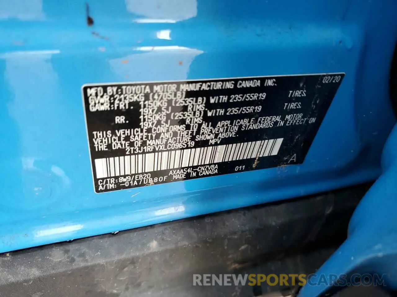 10 fotografías del automóvil dañado 2T3J1RFVXLC096519 TOYOTA RAV4 2020