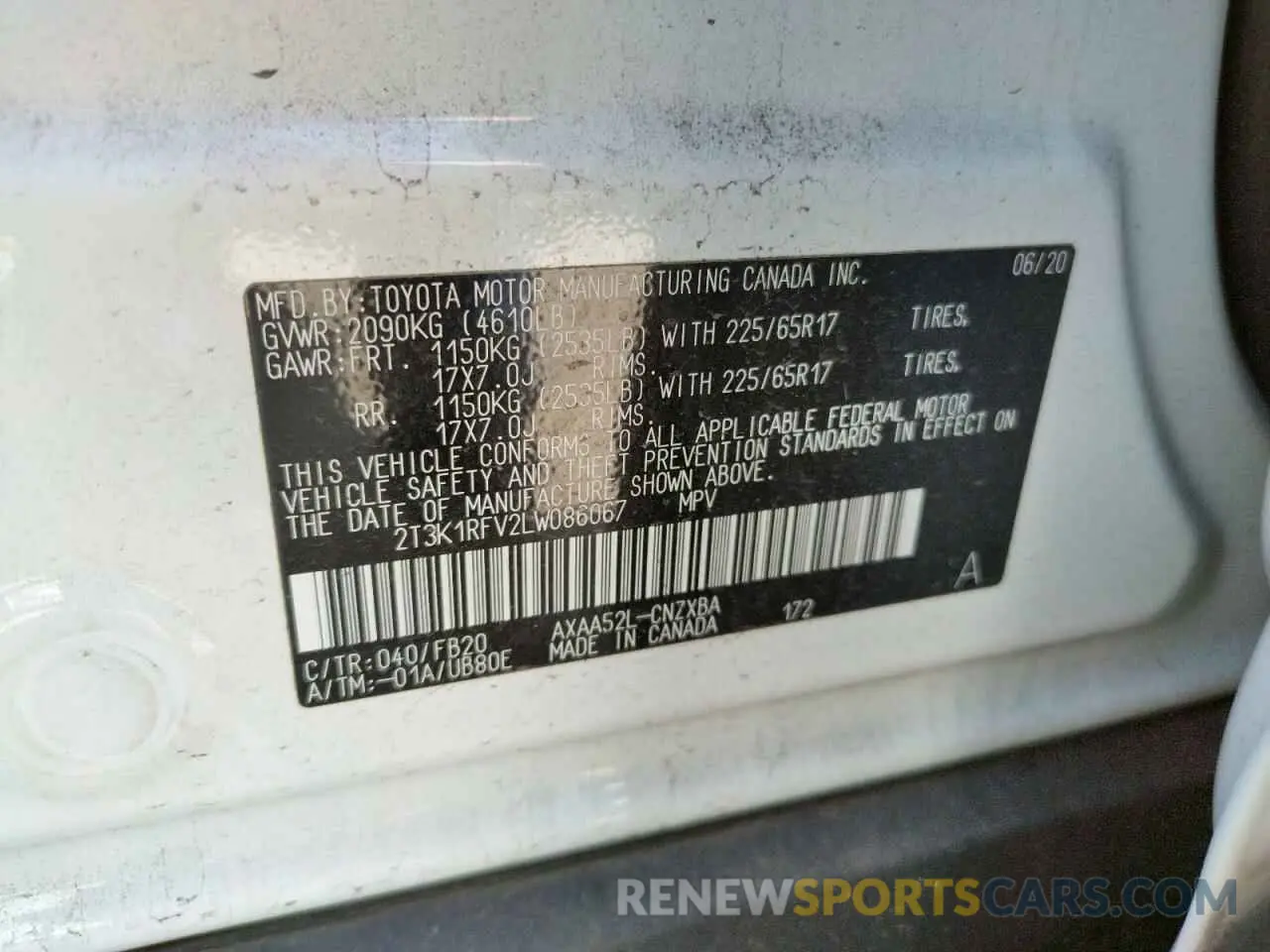 10 fotografías del automóvil dañado 2T3K1RFV2LW086067 TOYOTA RAV4 2020