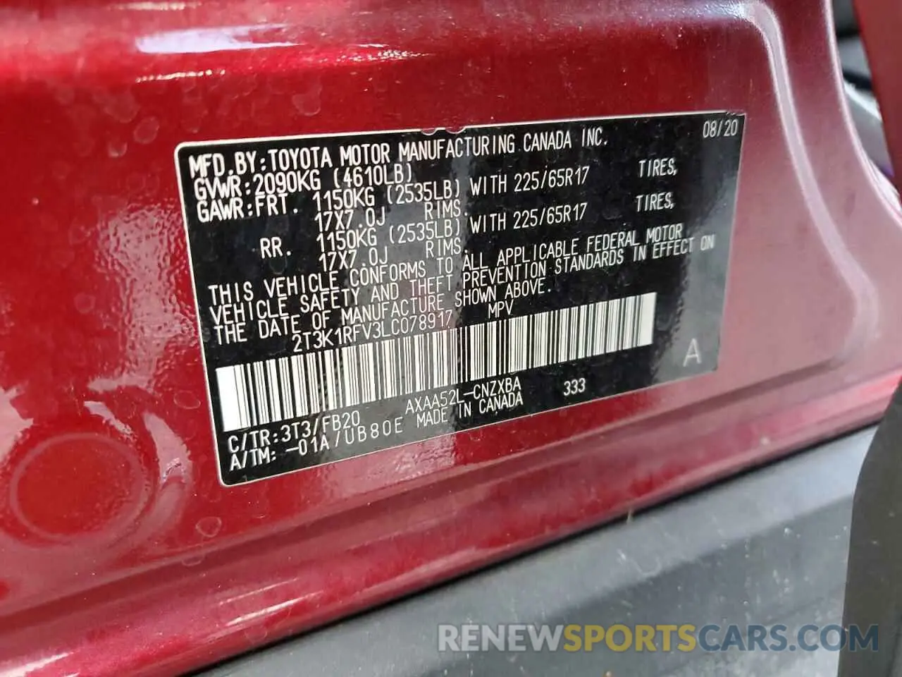 13 fotografías del automóvil dañado 2T3K1RFV3LC078917 TOYOTA RAV4 2020