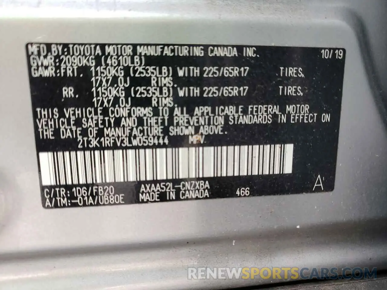 10 fotografías del automóvil dañado 2T3K1RFV3LW059444 TOYOTA RAV4 2020