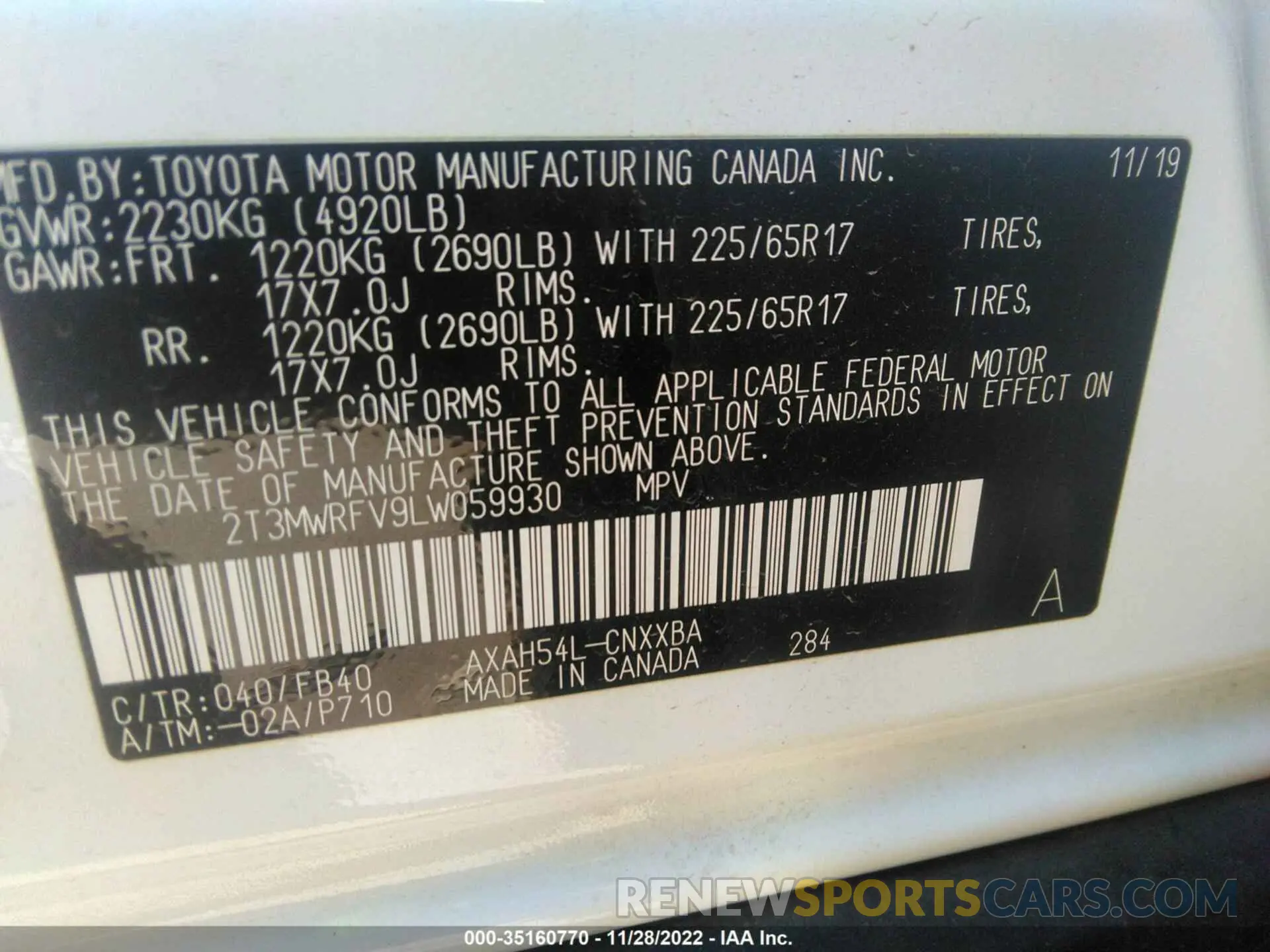 9 fotografías del automóvil dañado 2T3MWRFV9LW059930 TOYOTA RAV4 2020