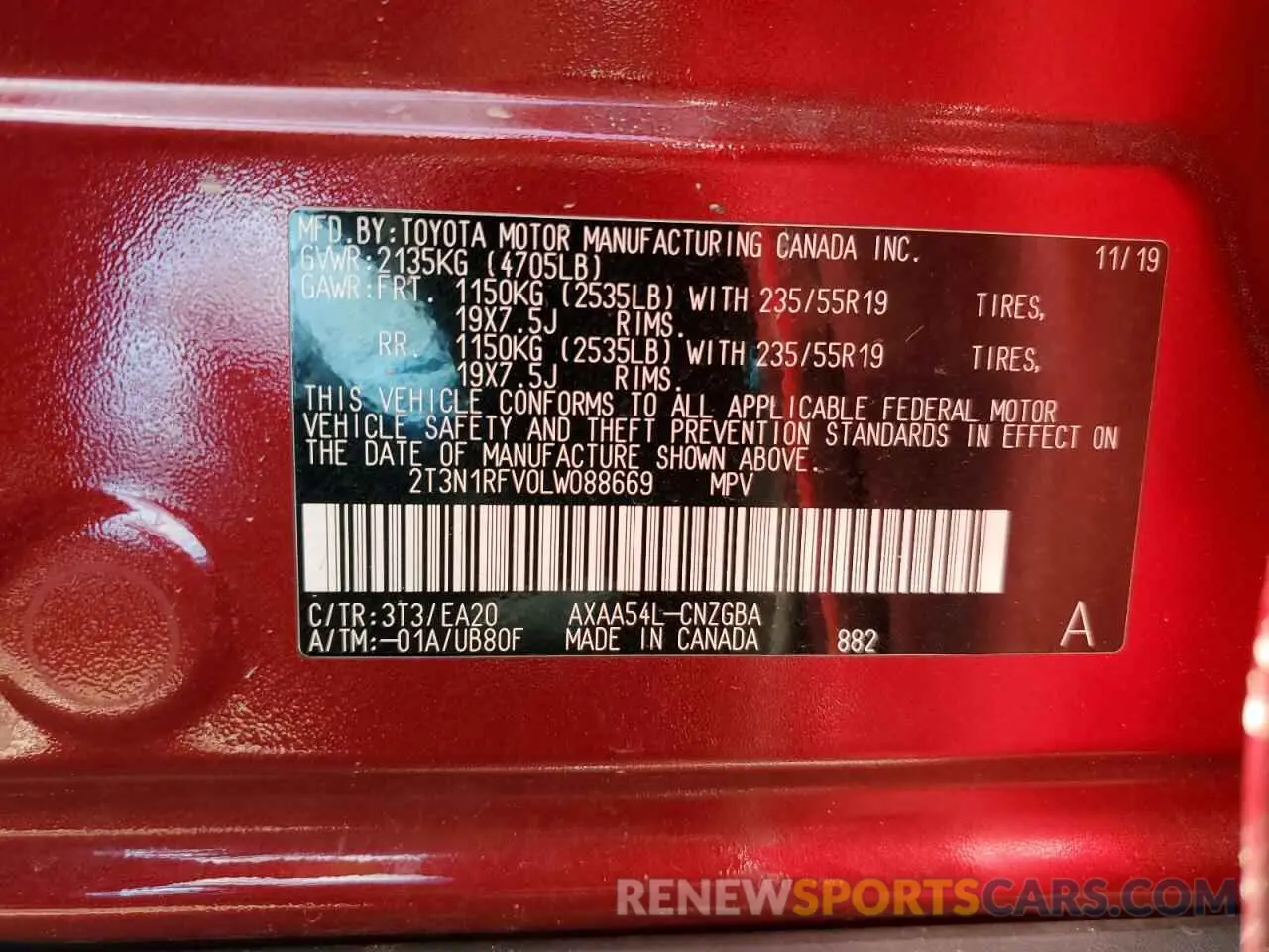 12 fotografías del automóvil dañado 2T3N1RFV0LW088669 TOYOTA RAV4 2020