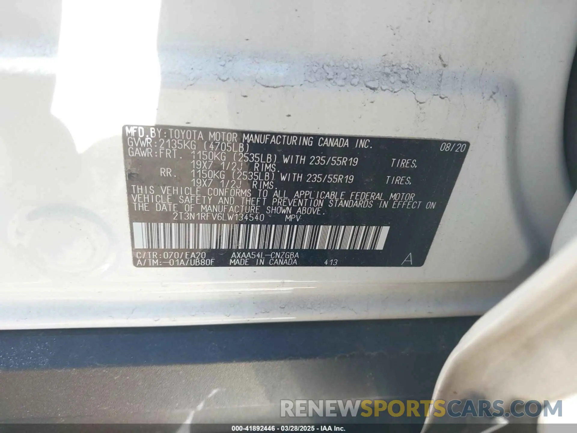 9 fotografías del automóvil dañado 2T3N1RFV6LW134540 TOYOTA RAV4 2020