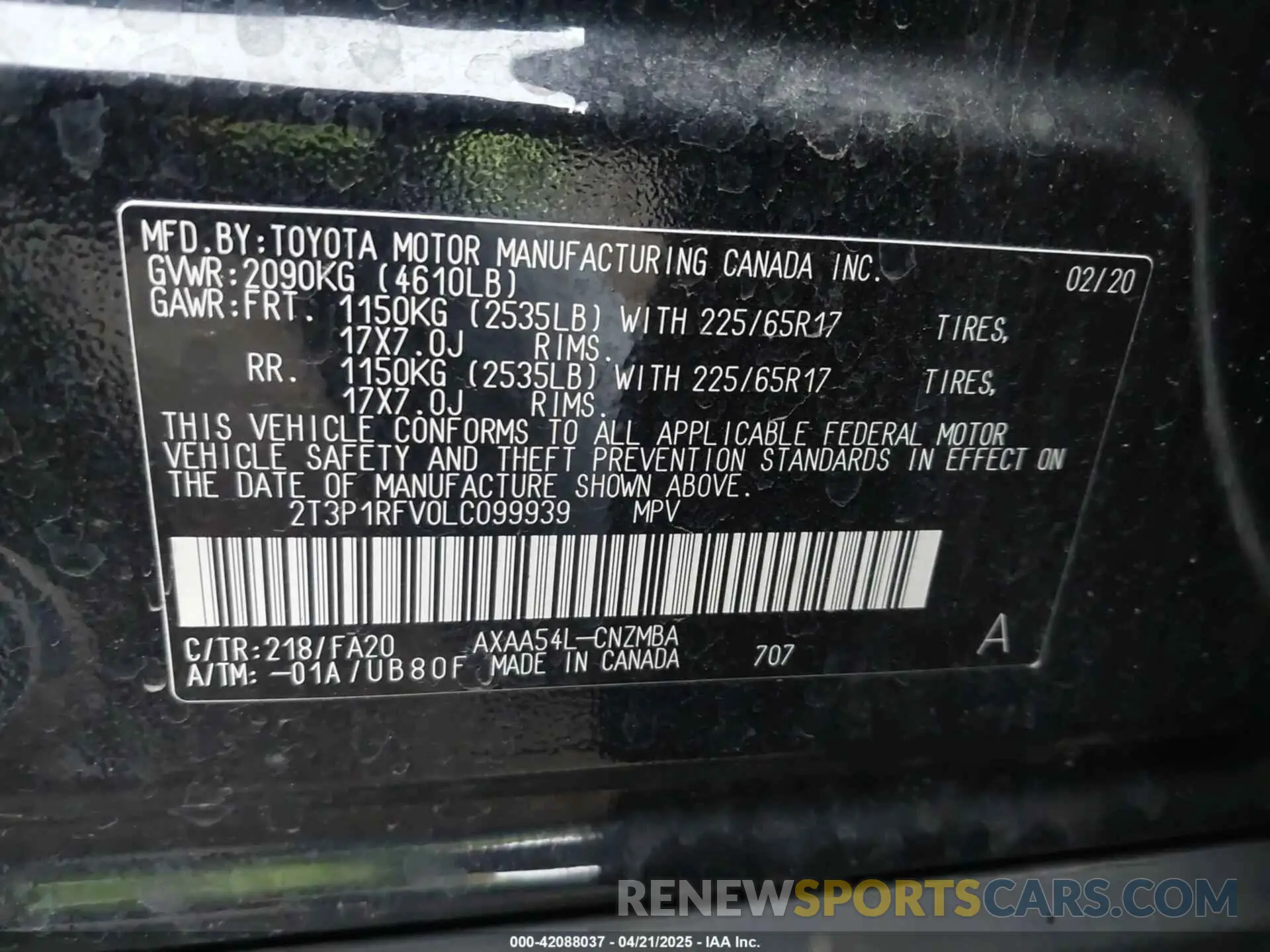 9 fotografías del automóvil dañado 2T3P1RFV0LC099939 TOYOTA RAV4 2020