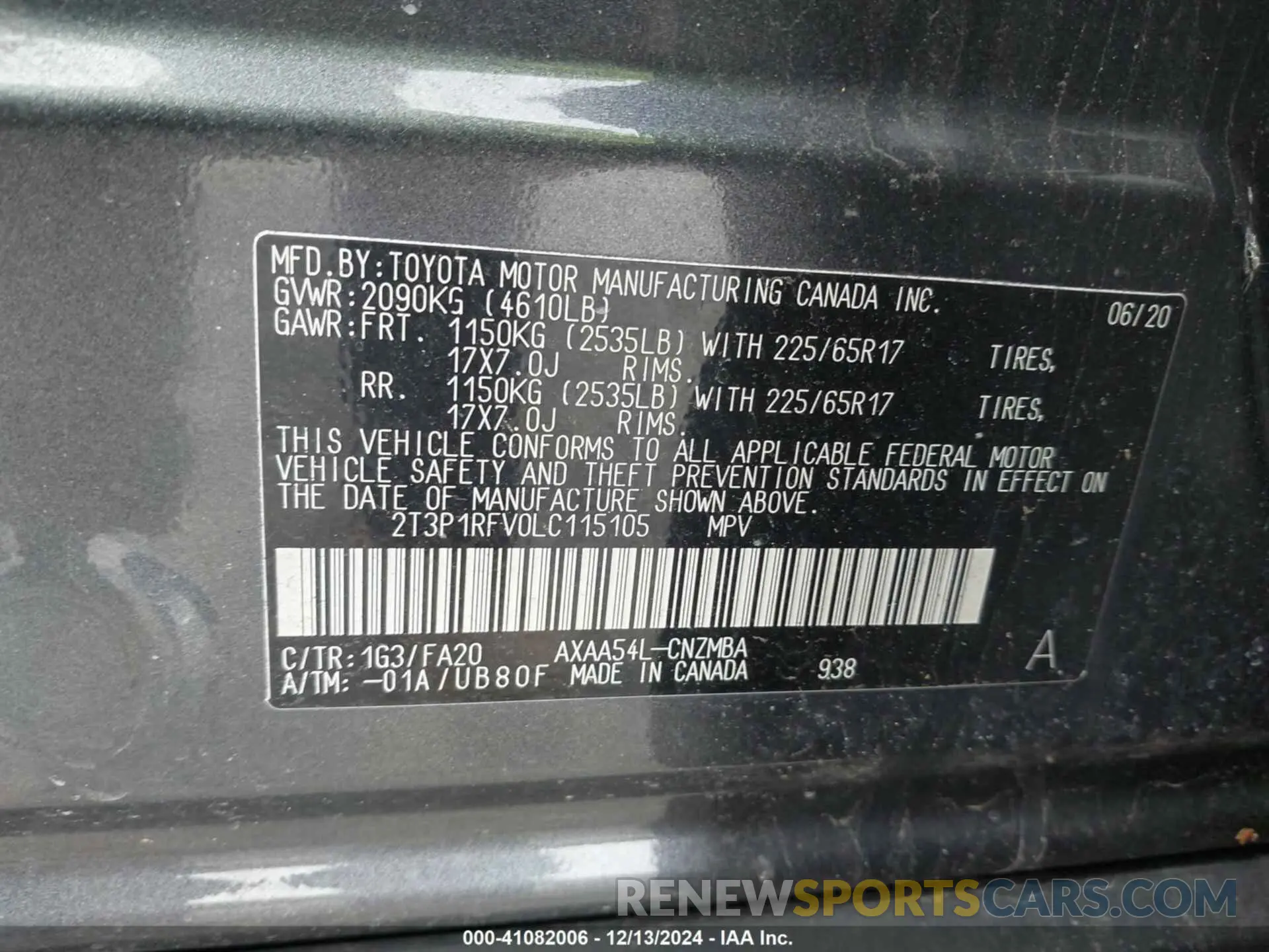 9 fotografías del automóvil dañado 2T3P1RFV0LC115105 TOYOTA RAV4 2020
