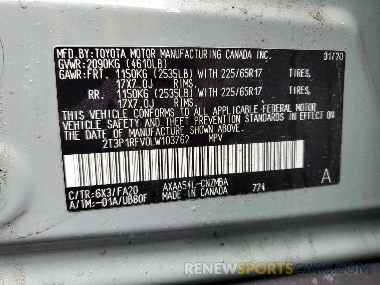 13 fotografías del automóvil dañado 2T3P1RFV0LW103762 TOYOTA RAV4 2020