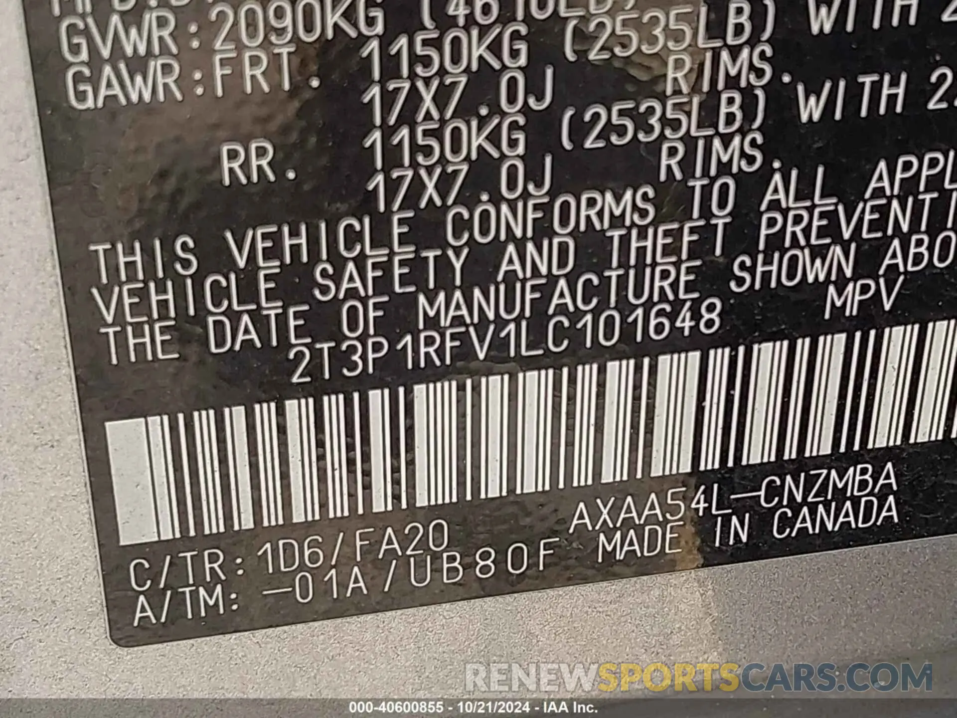 9 fotografías del automóvil dañado 2T3P1RFV1LC101648 TOYOTA RAV4 2020