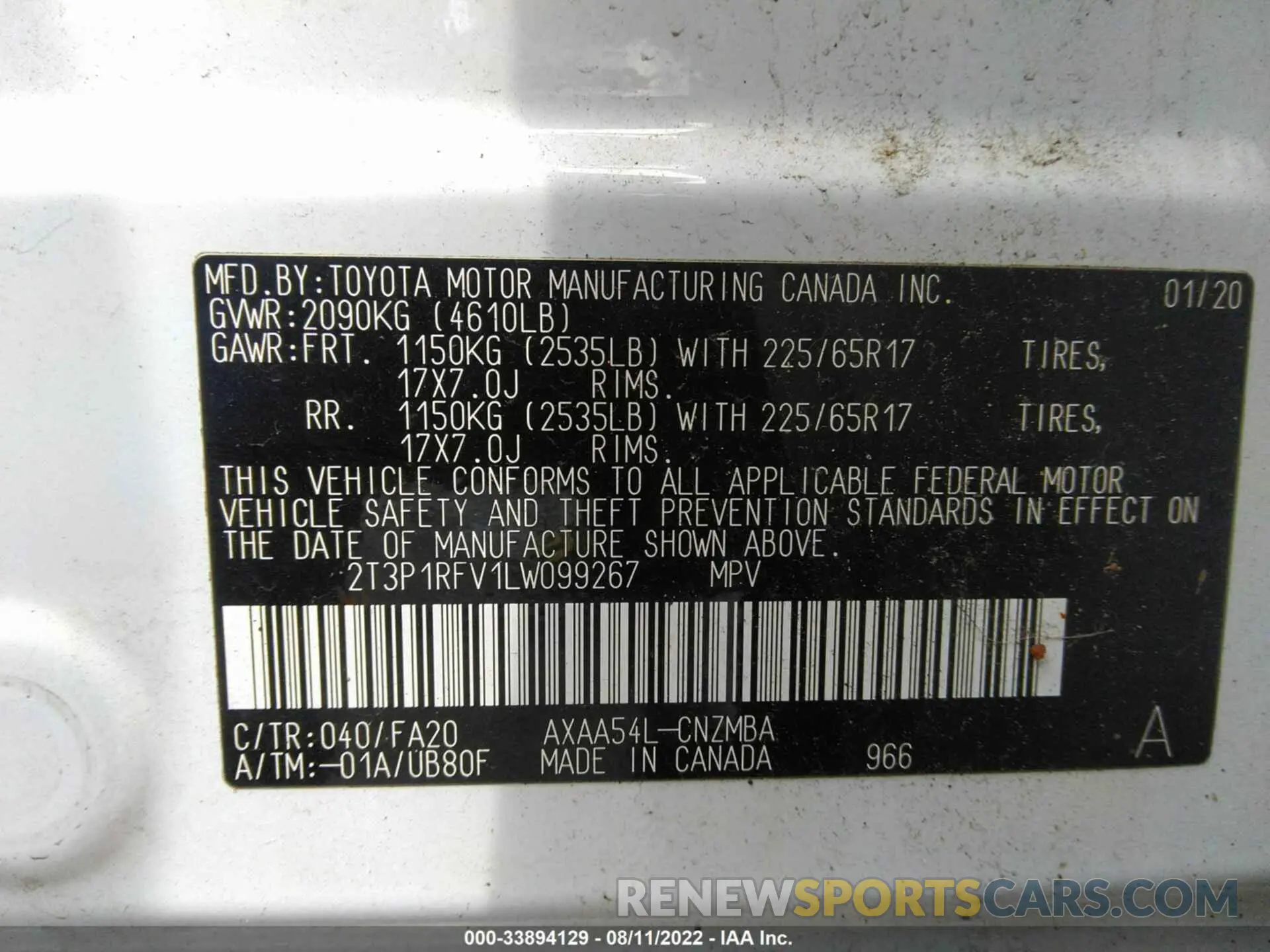 9 fotografías del automóvil dañado 2T3P1RFV1LW099267 TOYOTA RAV4 2020