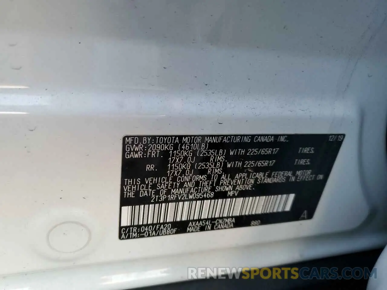 13 fotografías del automóvil dañado 2T3P1RFV2LW095468 TOYOTA RAV4 2020