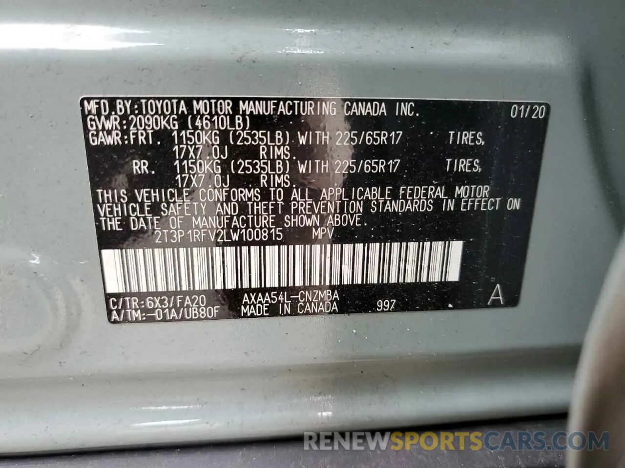 13 fotografías del automóvil dañado 2T3P1RFV2LW100815 TOYOTA RAV4 2020