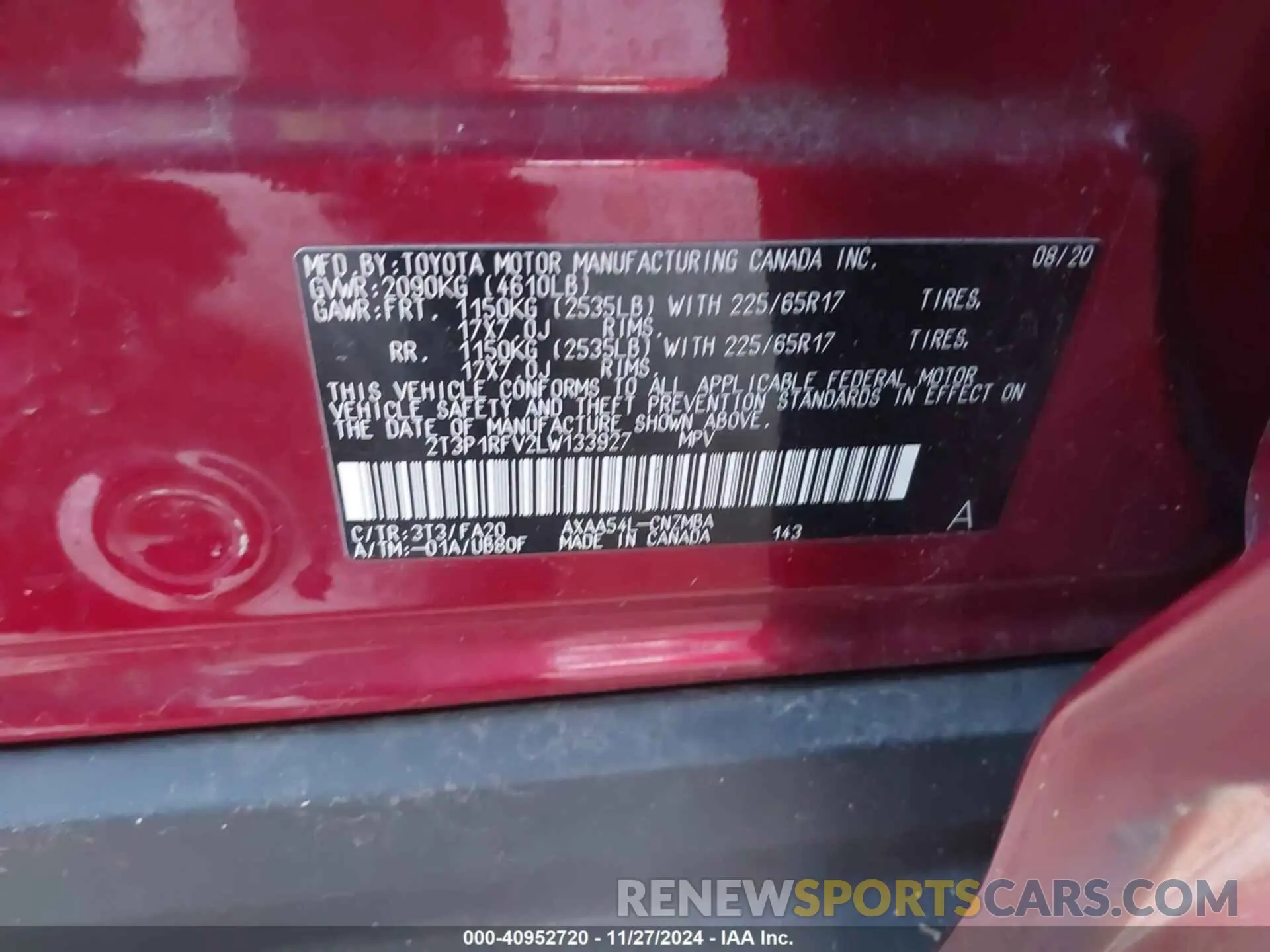 9 fotografías del automóvil dañado 2T3P1RFV2LW133927 TOYOTA RAV4 2020