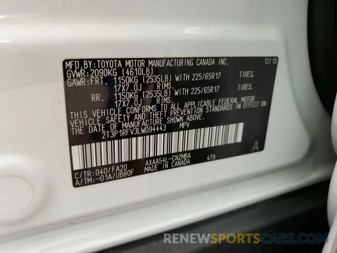 13 fotografías del automóvil dañado 2T3P1RFV3LW094443 TOYOTA RAV4 2020
