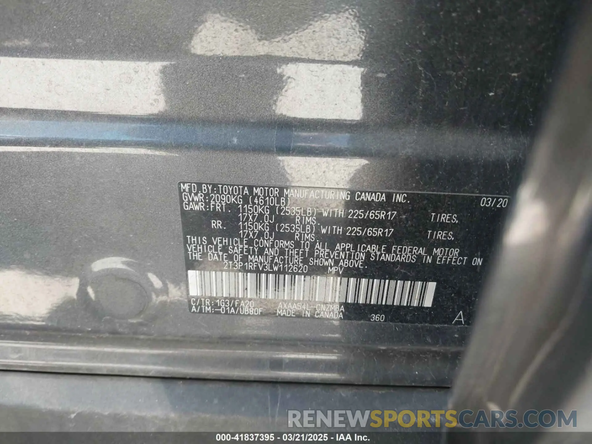 9 fotografías del automóvil dañado 2T3P1RFV3LW112620 TOYOTA RAV4 2020