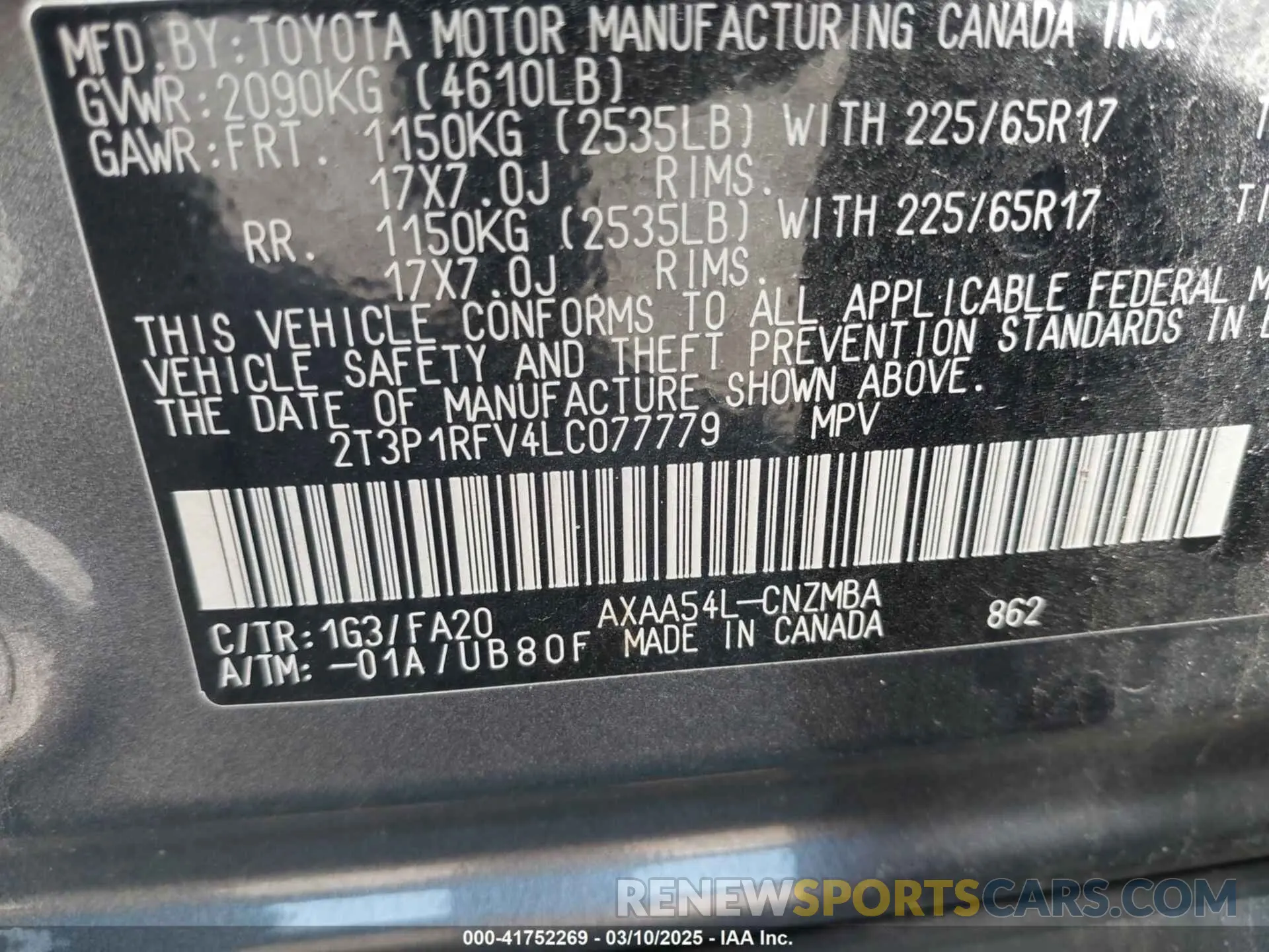 9 fotografías del automóvil dañado 2T3P1RFV4LC077779 TOYOTA RAV4 2020