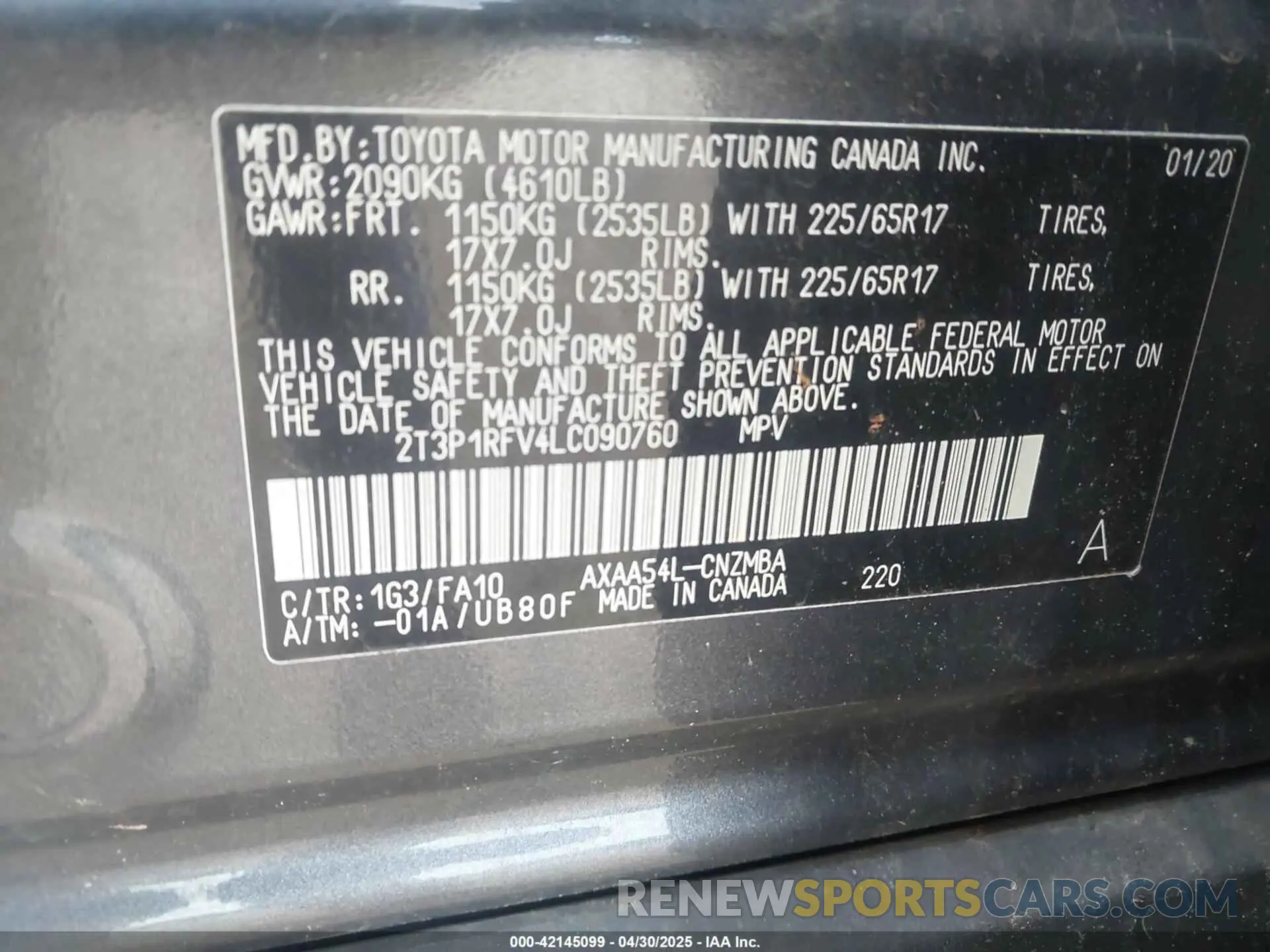 9 fotografías del automóvil dañado 2T3P1RFV4LC090760 TOYOTA RAV4 2020